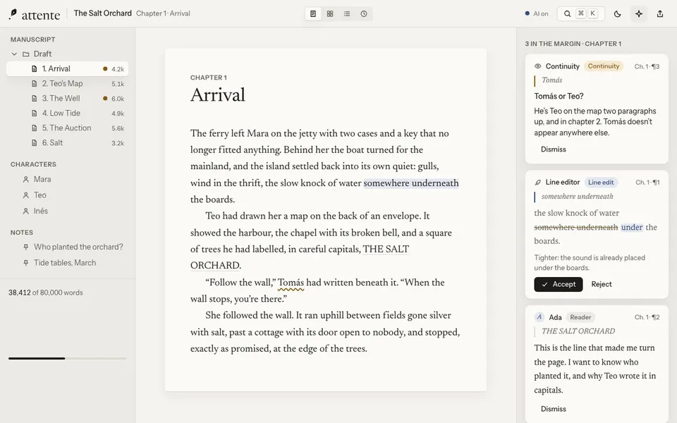 A line edit waits in the margin as a tracked change. The writer accepts it, and the sentence in the page changes; nothing else moves.