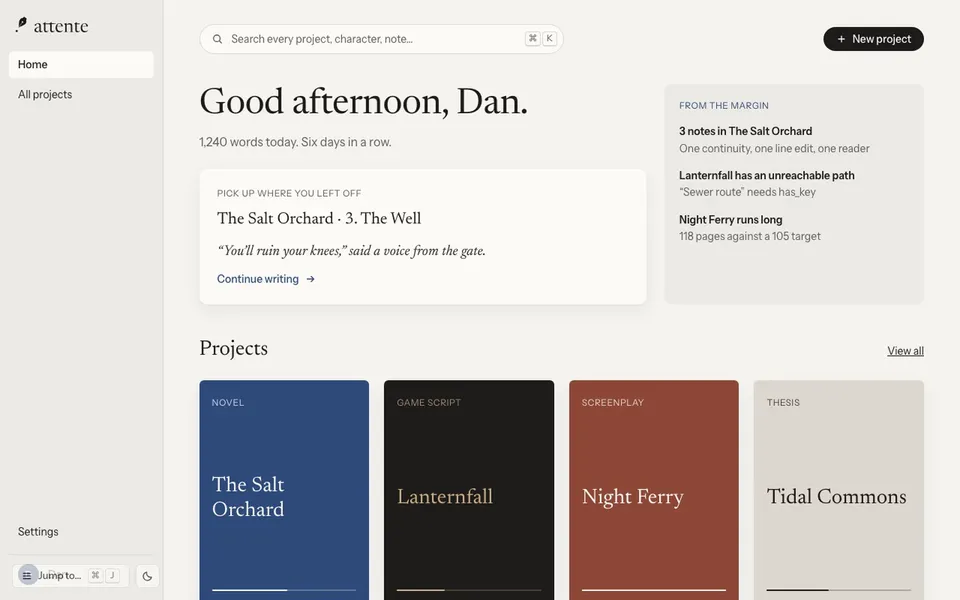 On the home screen, the writer chooses Continue writing, and the card opens smoothly into the chapter they left.