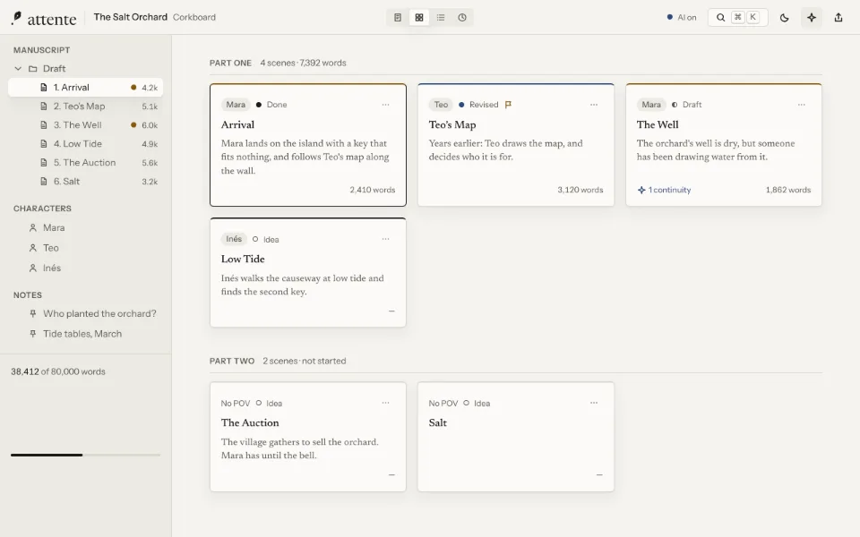 The corkboard: a chapter's scenes as index cards with synopses, labels and status.