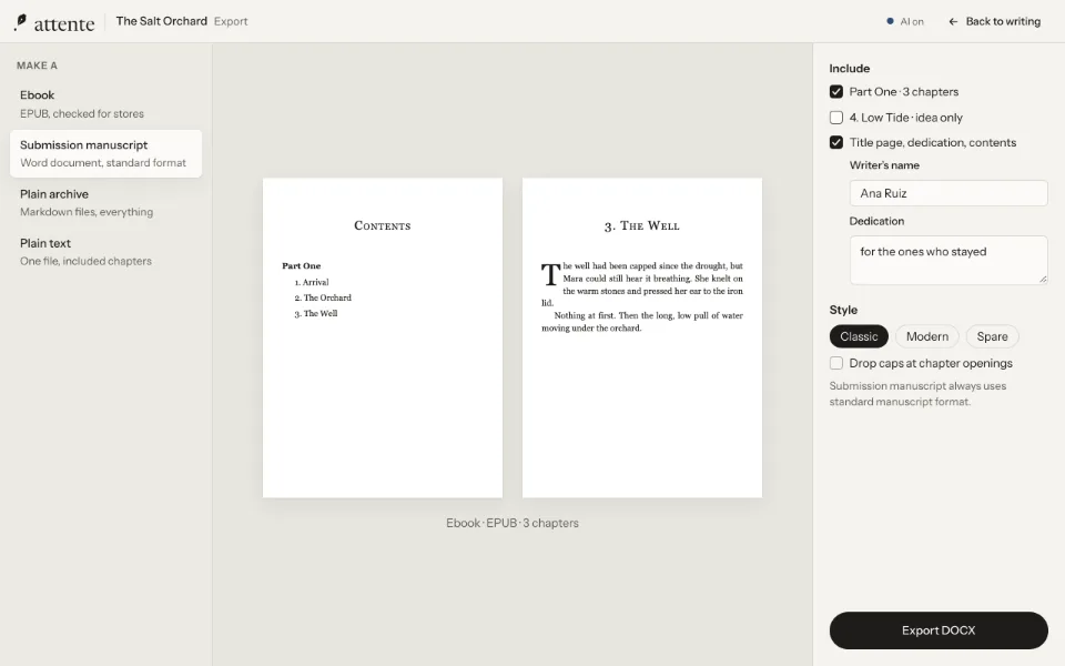 The export screen: choose an ebook, a submission manuscript, a plain archive or plain text, and see the pages before they are made.