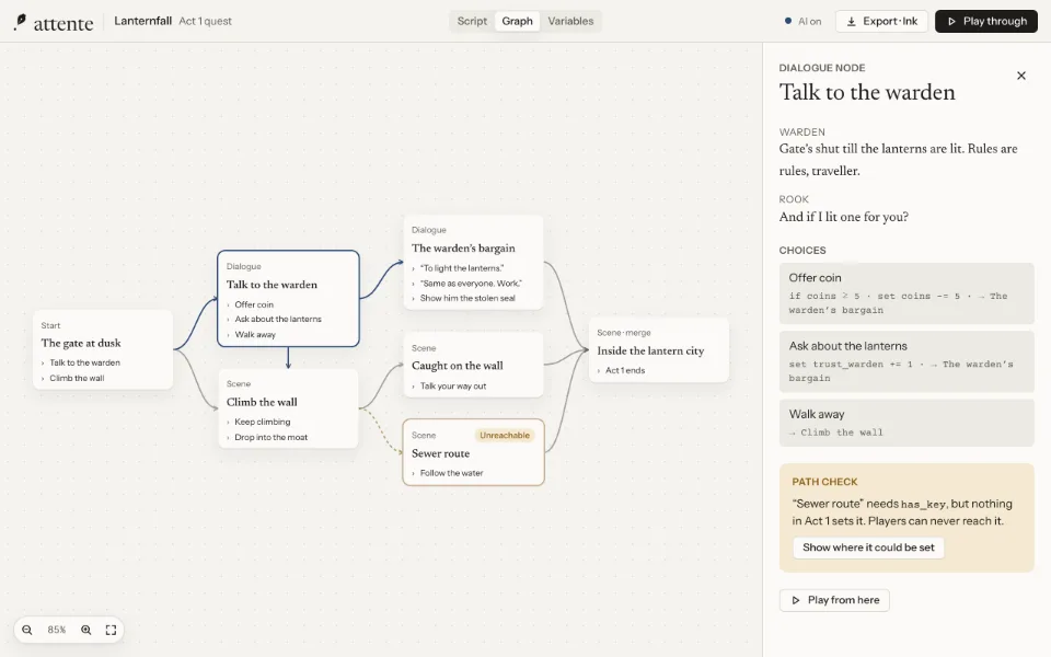 A branching game script as a graph of knots and choices.