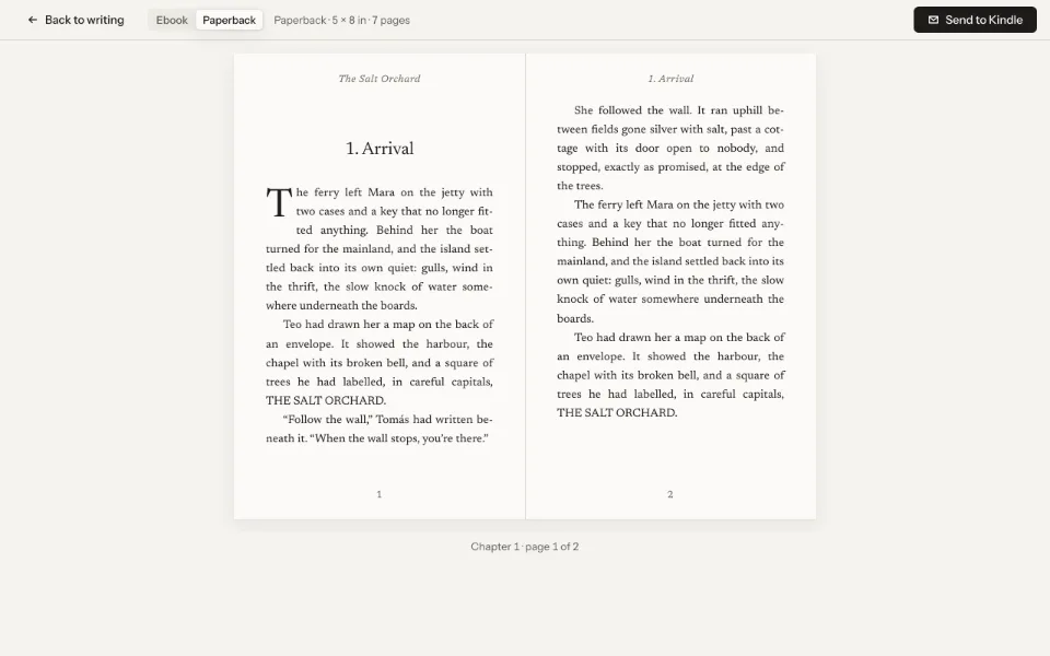 A typeset paperback preview, turning pages of the finished book.