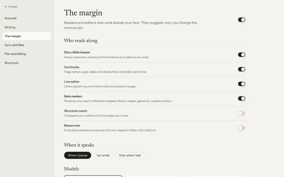 The margin's settings: one switch for the whole app, one per project and one for each reader.