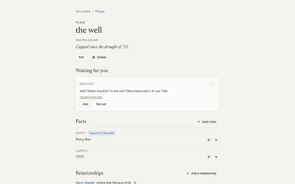 A story bible entry for a place, with facts found in the text and a new fact waiting for the writer to add or decline.