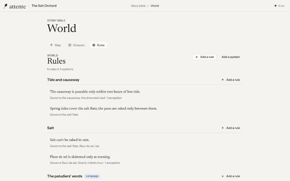 The rules of a story's world, written by the writer, which the continuity reader checks the text against.